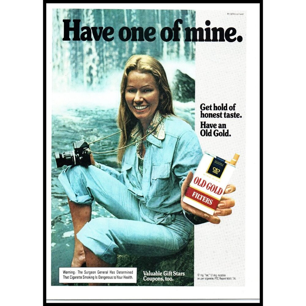 1974 Old Gold Cigarettes Vintage Print Ad Blonde Woman Photographer 70s Wall Art